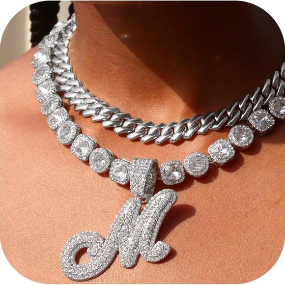 Women's Silver Cuban Link Chain Necklace 14mm Initial Hip Hop Jewelry - Picture 1 of 7
